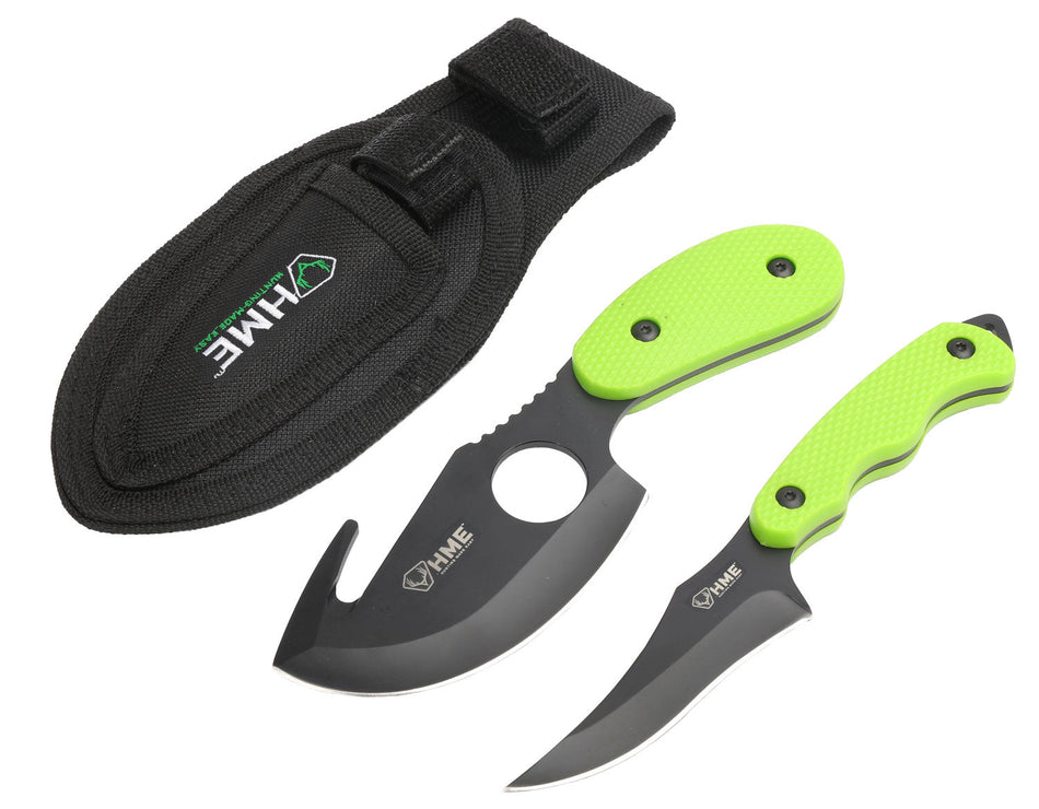 HME HMEKN-2PSGC Skinning Kit  3.50" Skinner w/Gut Hook/Caping Plain/Gut Hook Black Oxide 420HC TPR Green Handle Fixed