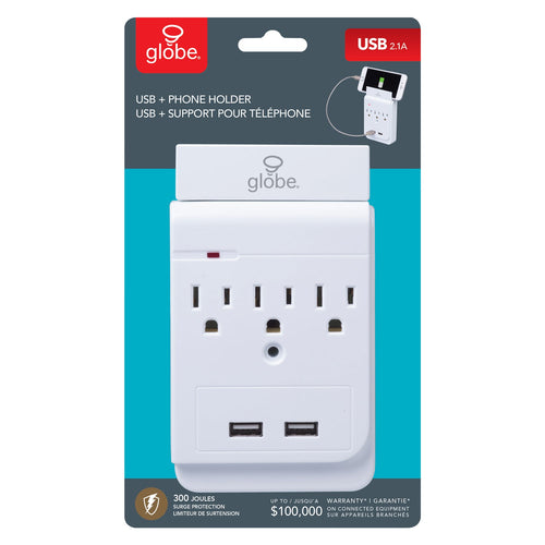 Globe Electric 3-Outlet Charging Station Surge Protector Wall Tap